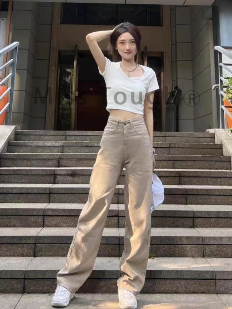 Korean Vintage Harajuku Straight Jeans Women Aesthetic High Waist Loose Denim Trousers Female Solid Elegant Slim Wide Leg Pants