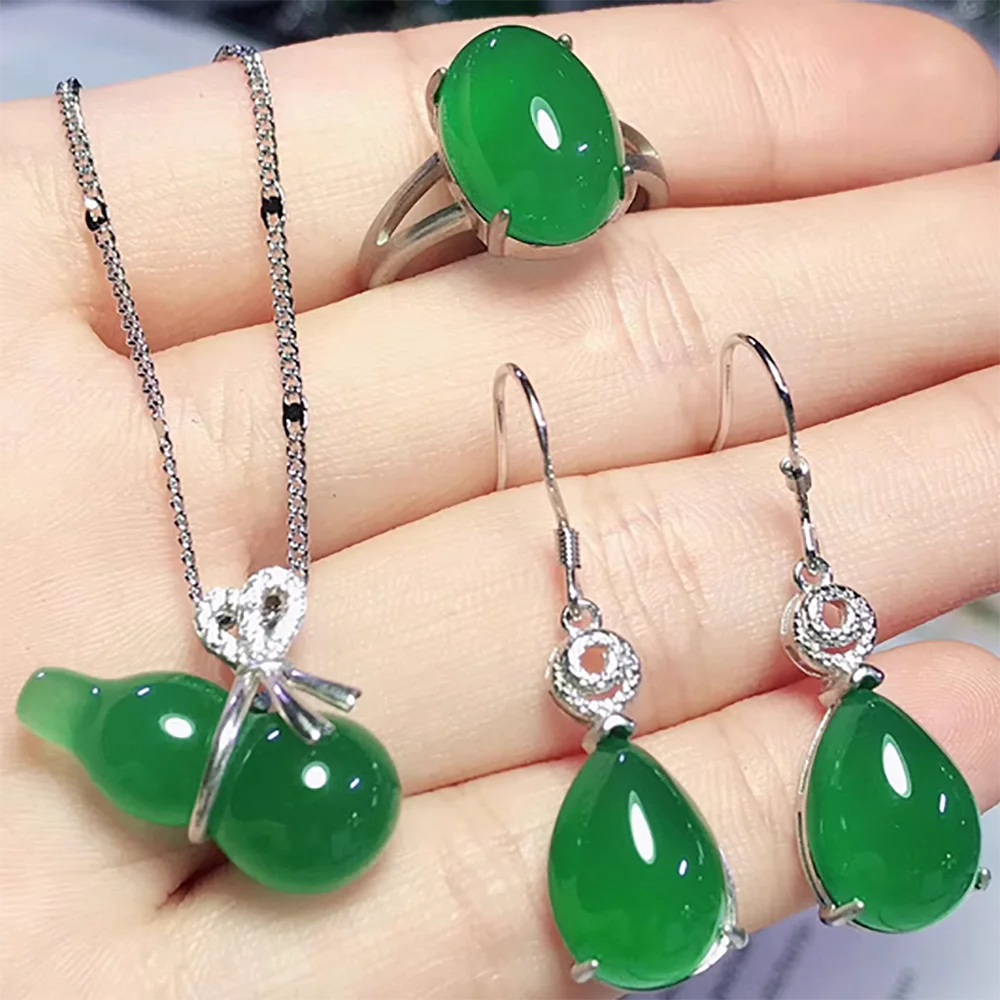 Natural Emperor Green Sun Green Jade Marrow Gourd Inlaid 925 Silver Pendant Earrings Ring Women's Jade Set