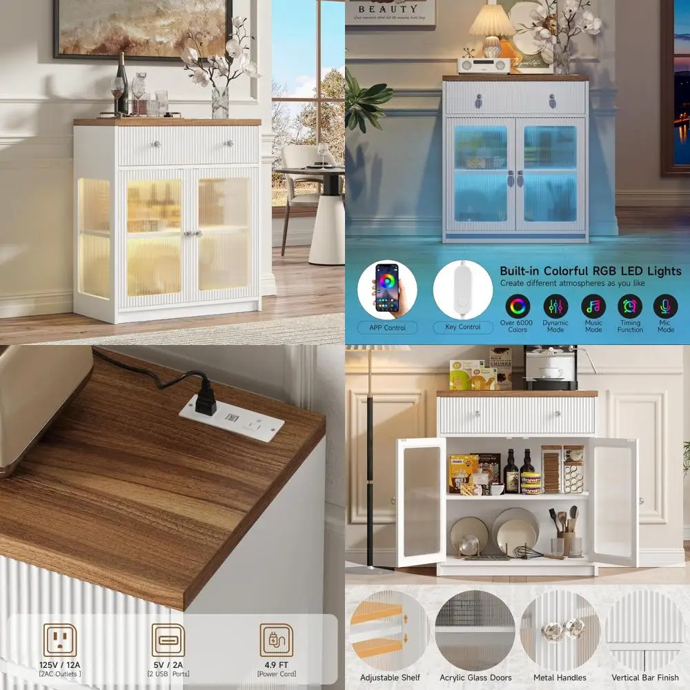 

Шкаф-буфет в фермерском доме со светодиодной подсветкой зарядной станции, 33-сервант с акриловой рифлеными дверцами, ящиком и регулируемой