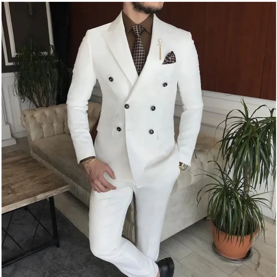 

Elegant White Double Breasted Men Suits 2 Piece Set Peaked Lapel Business Casual Slim Male Suit Prom Wedding Groom Tuxedo Drss