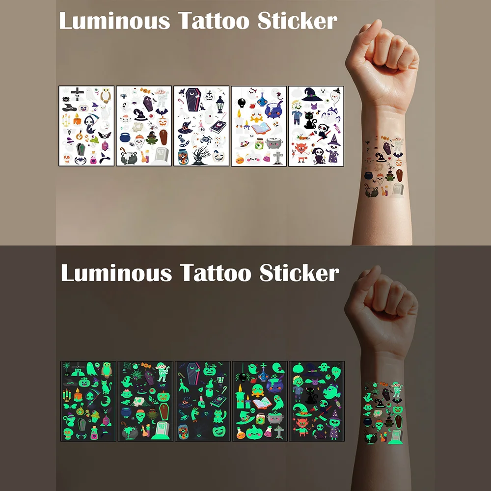 

Halloween glowing tattoo horror glowing face body pumpkin ghost face full moon night stickers 6 sheets, ghost spider web costume