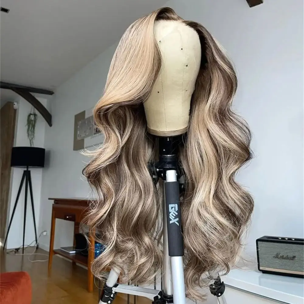 

Женский длинный светлый парик с эффектом волны и коричневыми прядями, синтетический, с кружевной передней частью, без клея, Futura, с свободной линией роста волос, для повседневной носки и вечеринок, готов к использованию