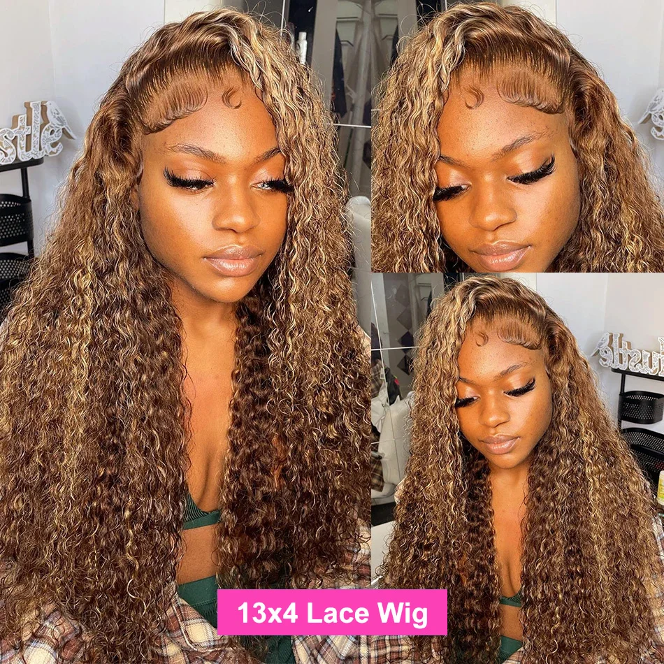 HD 13x6 Highlight Wig Human Hair Deep Curly Lace Front Wig Honey Brown Colored Water Wave Glueless Lace Frontal Human Hair Wigs