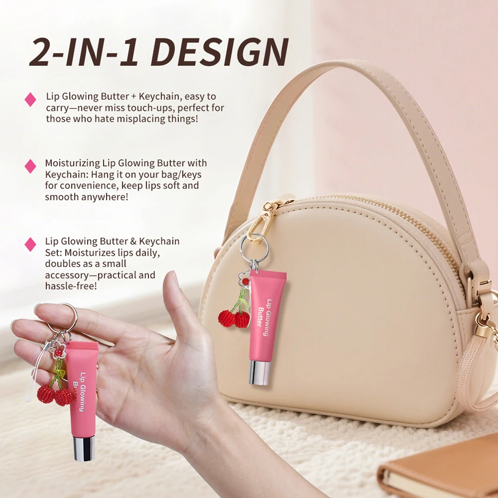 Lakerain brilho labial manteiga bálsamo labial hidratante brilho labial com pingente corrente de prata cereja fácil de transportar brilho labial