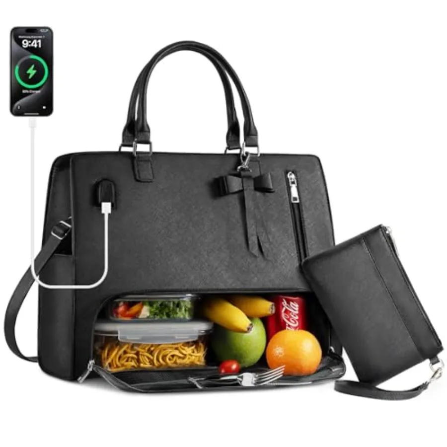 

Lunch Tote Bag for Women 2 in 1 Laptop Work Bag with Lunch Insulated Compartment and Purse Combo Waterproof PU Leather 15.6 Inc