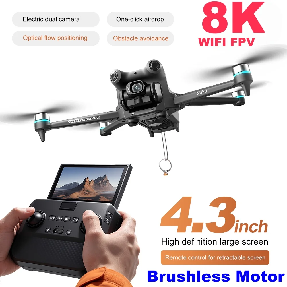 8K ESC Camera Drone Brushless 4.3inch Big Screen Dron One Click Airdrop Four Way Obstacle Avoidance Brushless Quadcopter Present