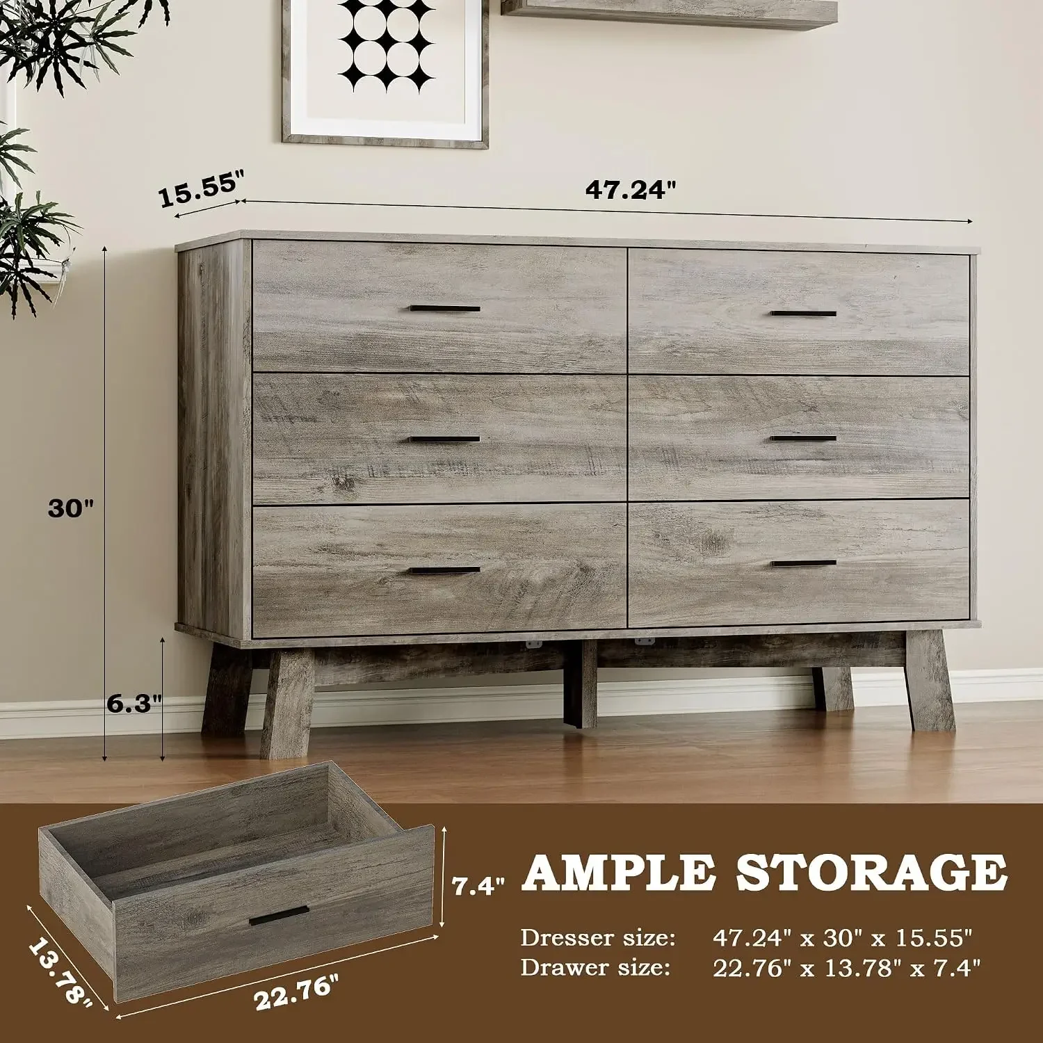 Dresser for Bedroom with 6-Drawer, 47.2