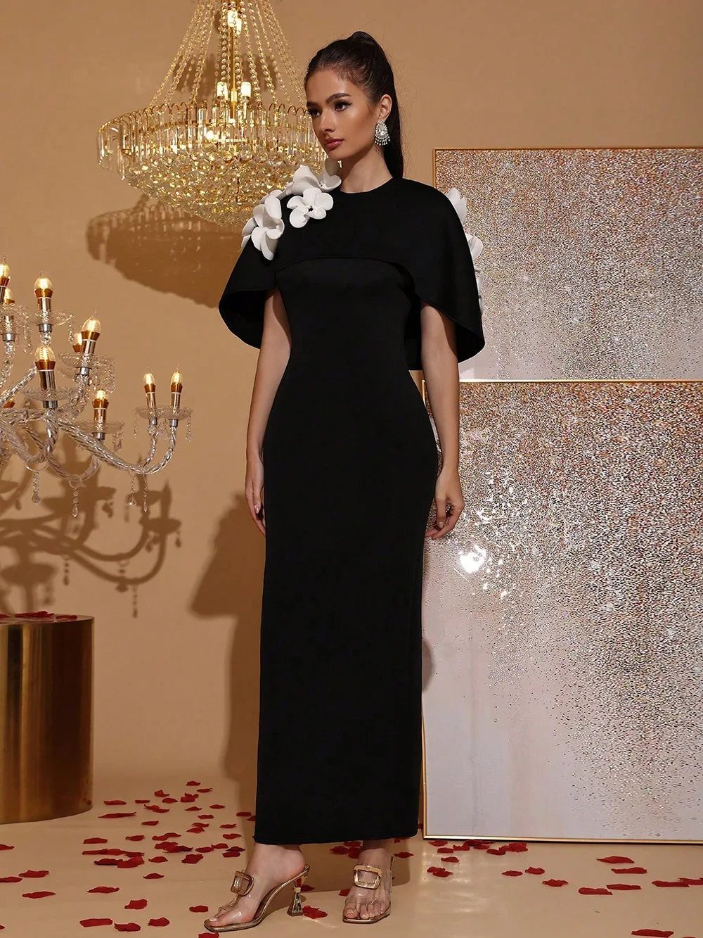 فستان نسائي أنيق بأكمام طويلة مزين بالزهور وأكمام طويلة وحفلات العطلات