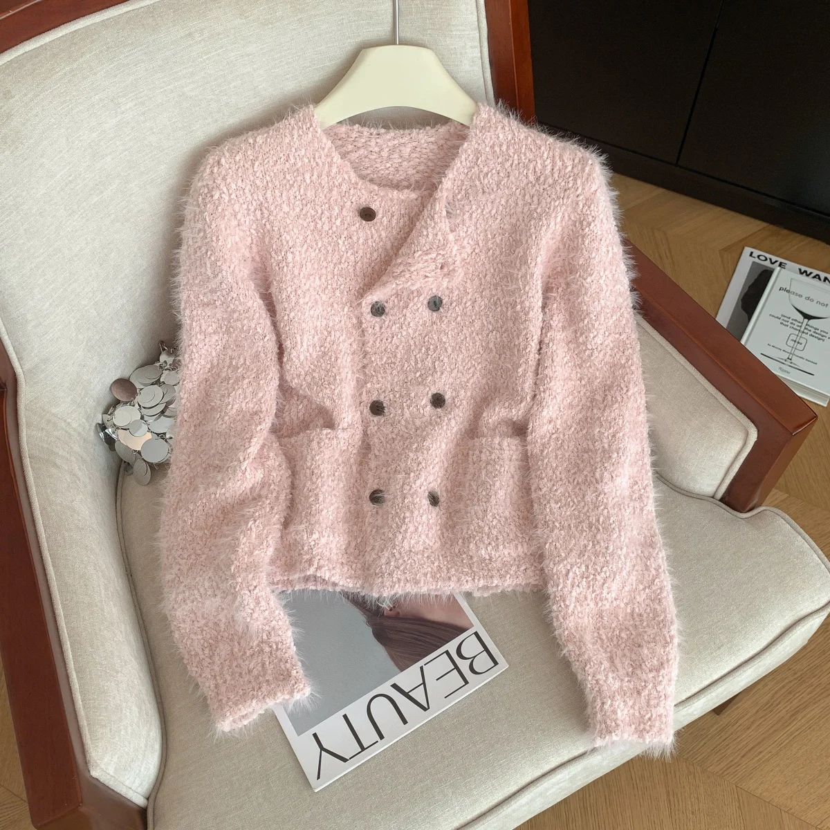 

Женский розовый, бежевый, повседневный свитер с круглым вырезом и длинными рукавами, пушистый Y2K, французский элегантный зимний топ в стиле ретро, уличный свитер