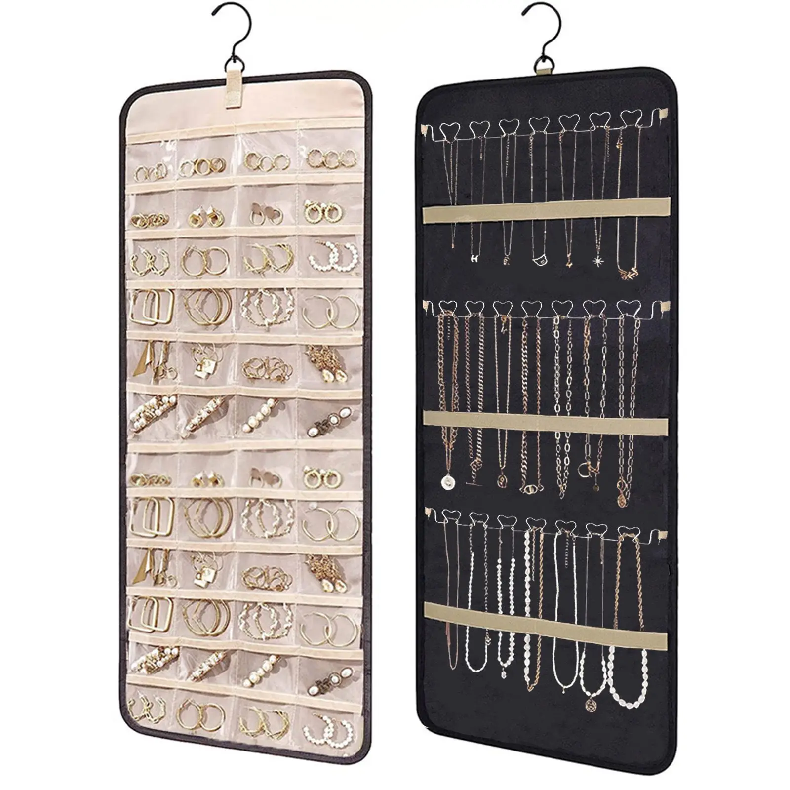 Double-sided hanging pockets jewelry storage pocket, storage box, 48-compartment pocket on the front, wavy hook on the back