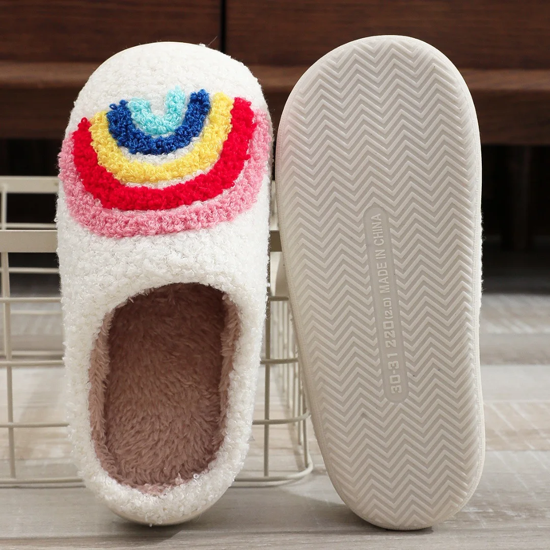 2026 Winter Regenbogen-Print Kinder Mädchen Jungen Hausschuhe Indoor Weiche Rutschfeste Paar-Hausschuhe Warme Plüsch-Flachpantoffeln Erwachsene Niedliche Schuhe – Detail 6