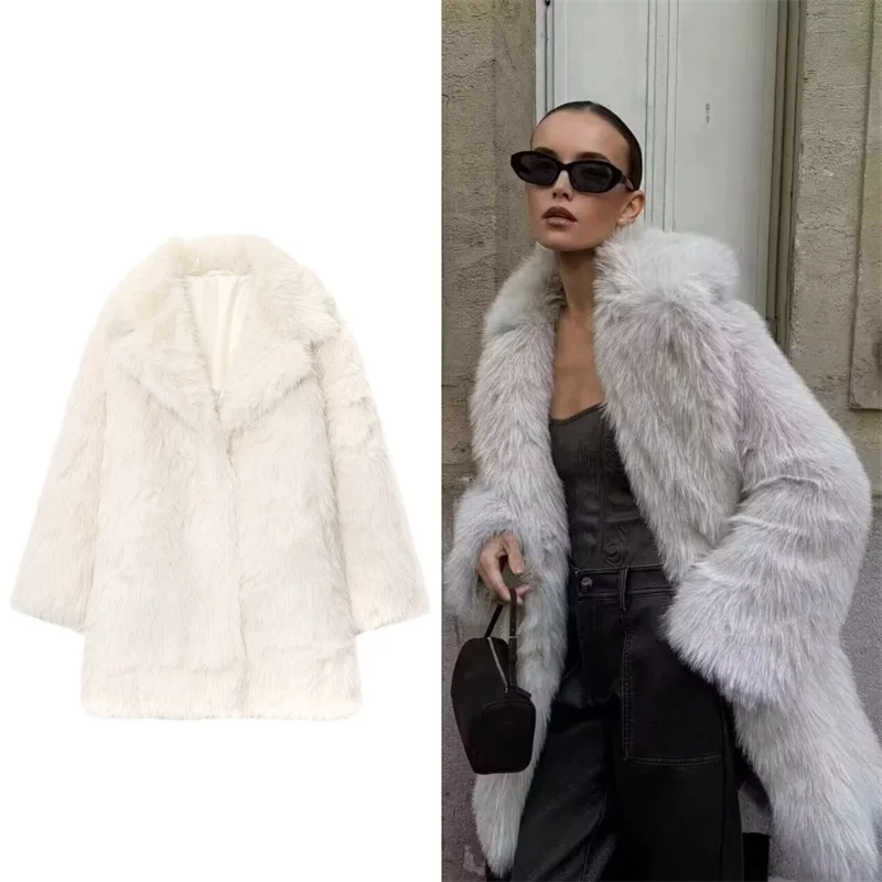 Guobioziy Women's Coat 2026 Winter New Arrival Stylish and Elegant Large Lapel Loose Warm Faux Fur Effect Overcoat