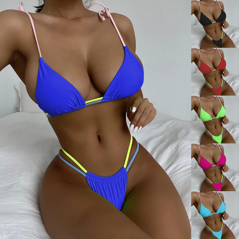 

Bikini Double New Bikini Solid Color Swimsuit Swimming Suit Women's Triangle Bag Swimsuit Strapbikini6297