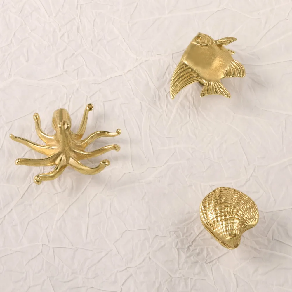 Gold Color Shell Fish Brass Handle Retro Luxury Cabinet Door Knobs Single Hole Furniture Hardware Wardrobe Drawer Pulls Window