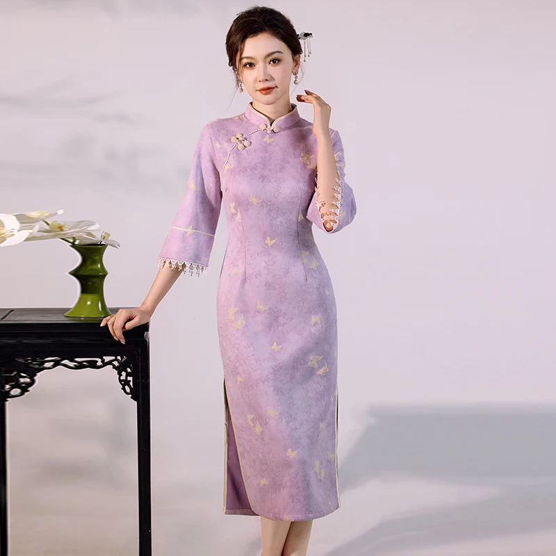 

Женское фиолетовое замшевое платье Cheongsam 2025, винтажное современное восточное роскошное платье Ципао, вечернее банкетное платье