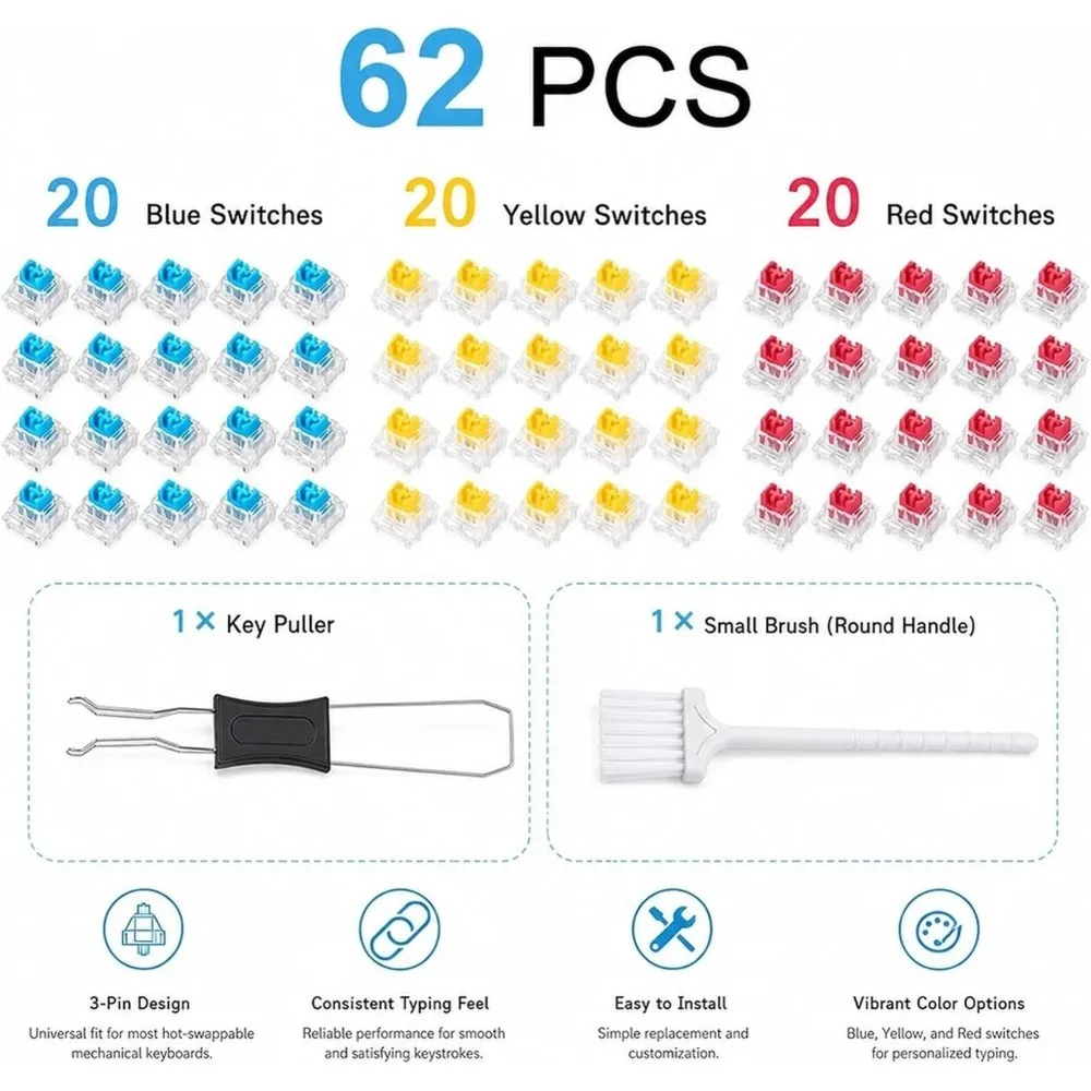 A97I-60 PCS Keyboard Clickers Set With Tweezers And Brush, Clickers For 3D Printing, Keyboard Switches Blue +Yellow +Red