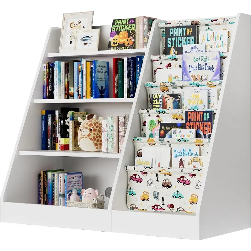 4 Tier Kids Wooden Bookshelf, 5 Layer Sling Toddler Bookcase,Baby Storage Book Rack and Toy Organizer Cabinet