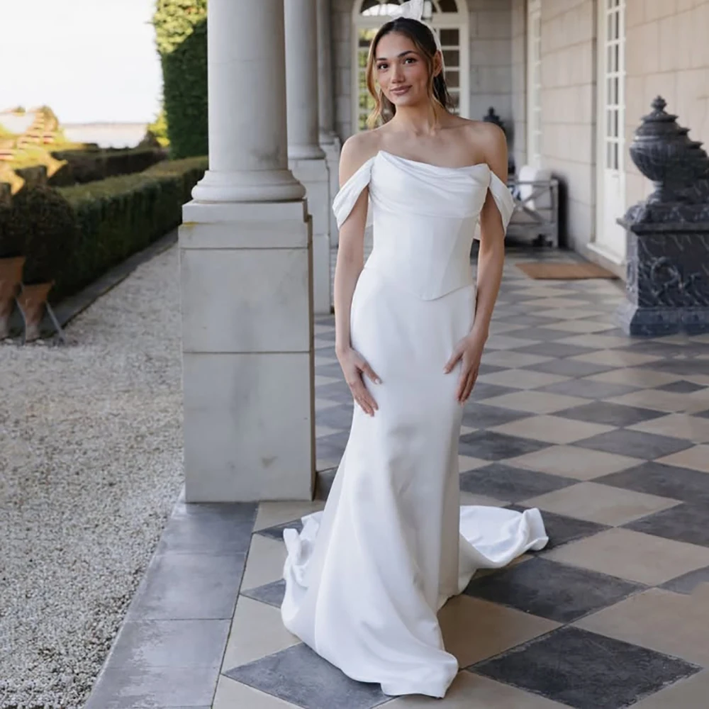 

Satin Off Shoulder Wedding Dresses With Sweep Train Mermaid Bridal Dresses Formal Wedding Ceremony Brides Dresses Customized