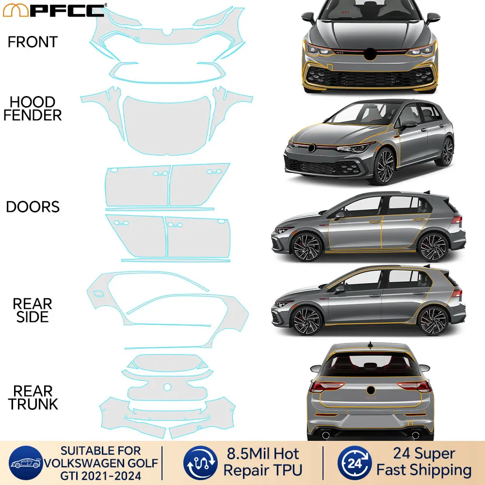 

For Volkswagen GOLF GTI 2021-2024 8.5Mil Full Vehicle Clear Bra Precut PPF Paint Protection Film Decal Wrap Film Kit Transparent