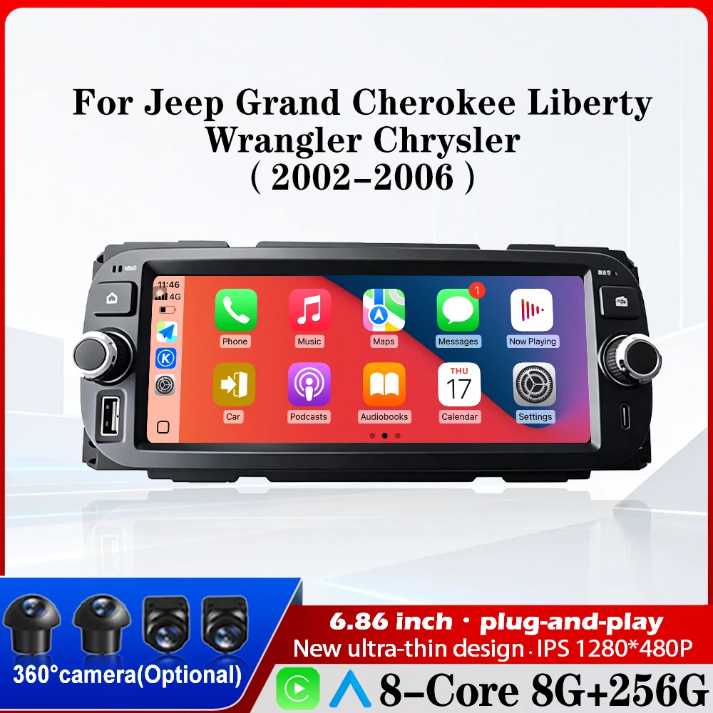 For Jeep Grand Cherokee Liberty Wrangler Chrysler 2002-2006Android Auto Carplay Car Radio Multimedia Video Player GPS Navigation