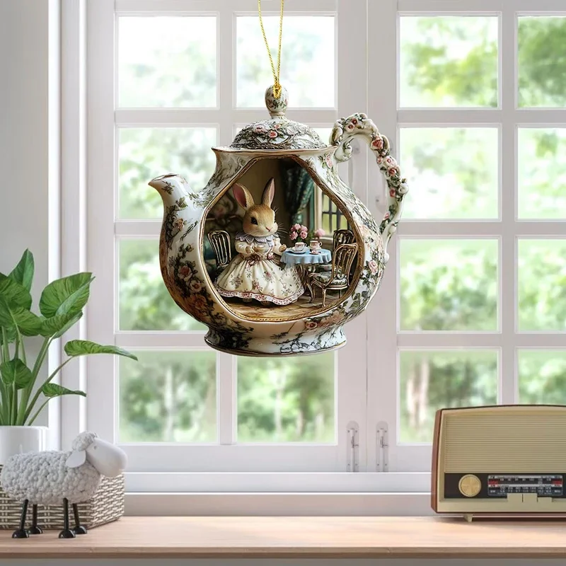 أرنب في فنجان الشاي المنزل الدافئ 2D الاكريليك قلادة ظهره قلادة سيارة الداخلية قلادة الزجاج الملون نافذة الشنق الطيور لونز #3