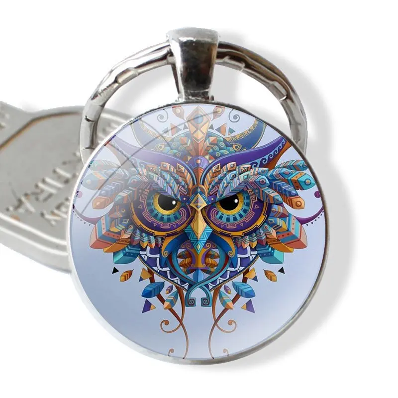 Keychain Handmade Glass Cabochon Key Ring Holder Pendant Key Chains artoon Animal Flower Owl Black