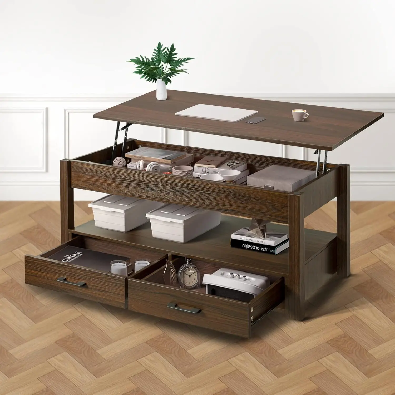 41.7'' Coffee Table, Lift Top Coffee Table with Storage Drawers and Hidden Compartment, Retro Central Table with Wooden L