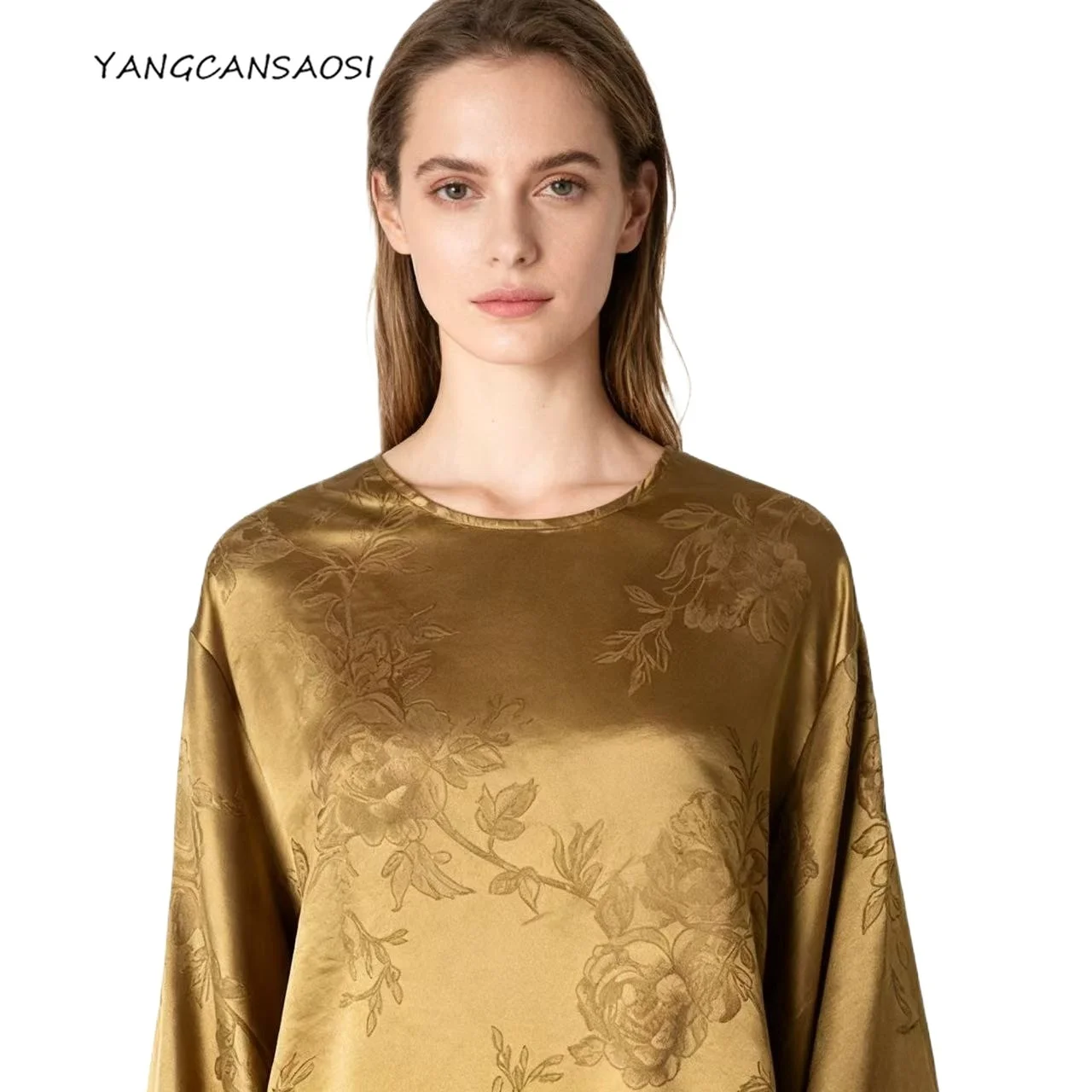 

Women's Fashion Autumn New Golden Peony 100% Natural Mulberry Silk Jacquard Gambiered Guangdong Gauze Round Neck T-shirt