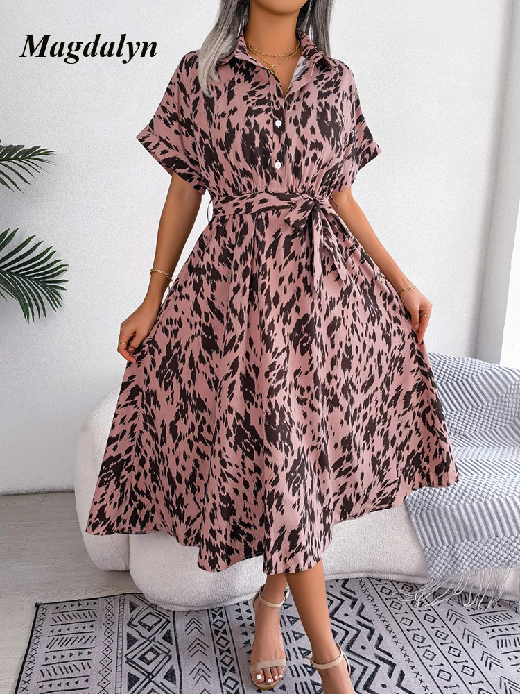 MagdalynLeopard Long Dress Women Fasion Street Loose Dresses Lace Up Elegant Ladies Dresses Basic A Line Button Shirt Dress Boho