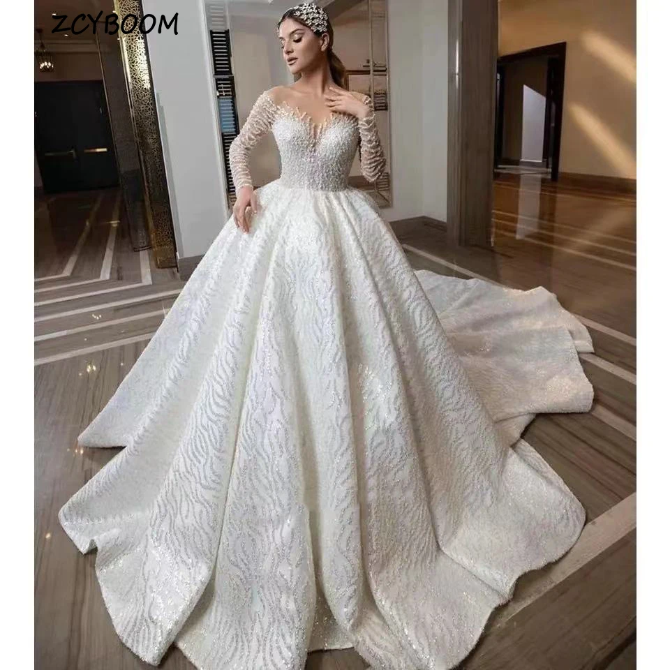 

Luxury White O-Neck Sequin Full Sleeves Wedding Dress 2024 Ball Gown Floor Length Sweep Train Lace Up Custom Made Bridal Gown