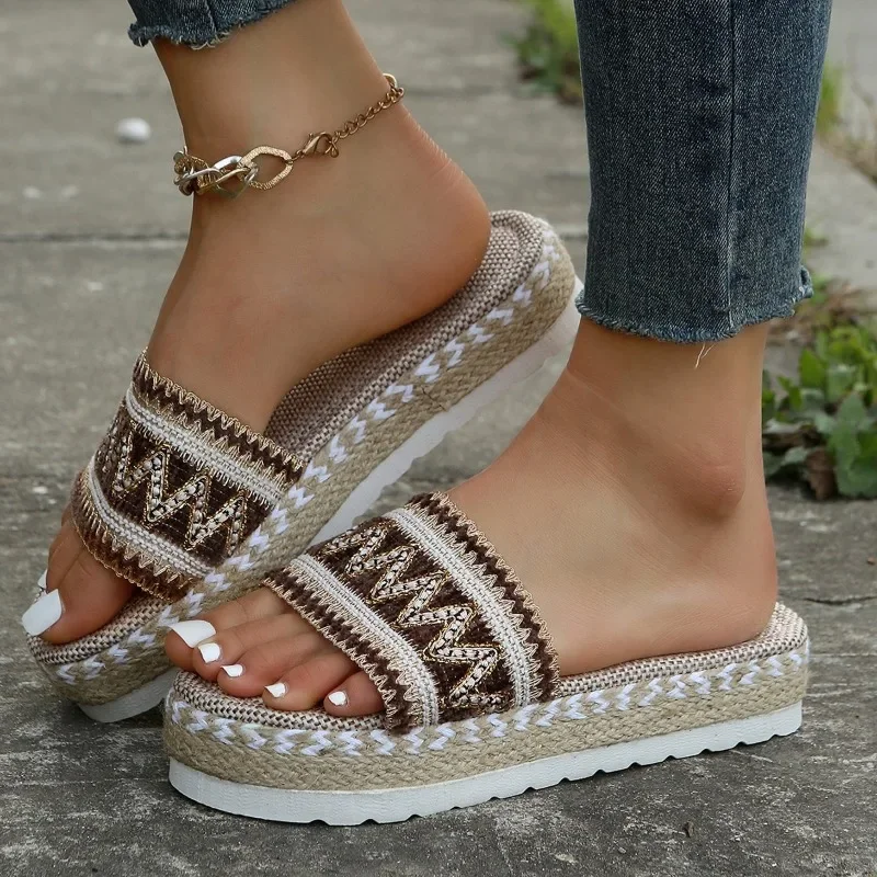 شباشب Zomer Dames للخروج من Sandalen البوهيمي Etnische Stijl Handgala قماشية ذات نعل سميك شباشب نسائية #5