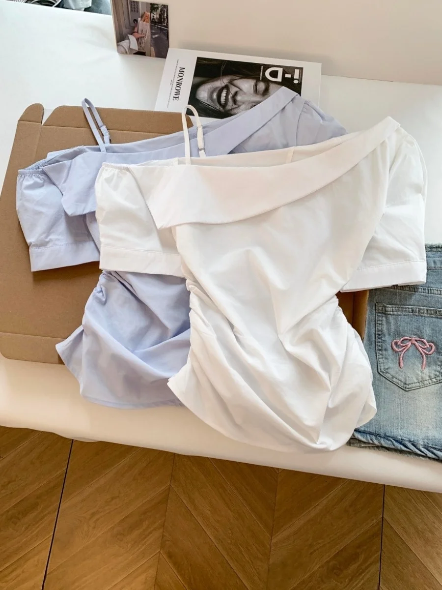 

White Asymmetrical Shoulder Bridesmaid Shirt Women's Summer New Unique Pleated Slimming Short Sleeve Top for Ladies