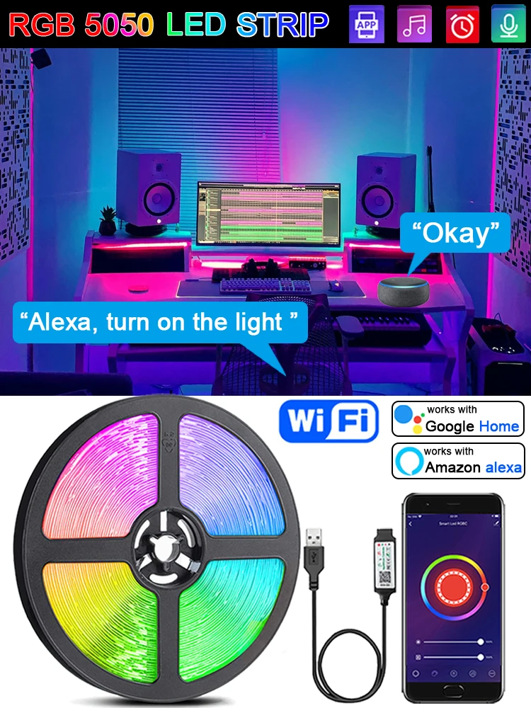 Smart Wifi LED Light Strip RGB 5050 Led Tape for Home Party Decor, TV backlight, Compatiable with Alexa Google Home