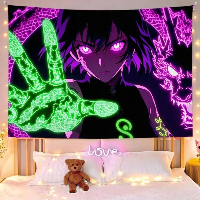 VIKAMA Pink Neon Anime Girl Rose Tattoo Wall Hanging Tapestry Home Room Decor Bedroom Dorm Aesthetic Blacklight Cool Soft Cozy