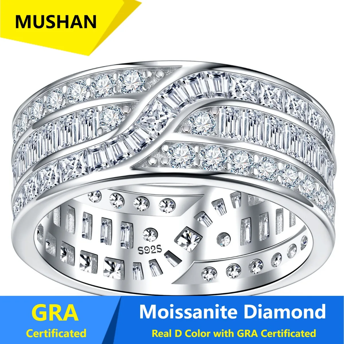 MUSHAN Luxury Jewelry 925 Sterling Silver Ring Band Women GRA Certificated Moissanite Diamond Emerald D Color Rings Fine Jewelry