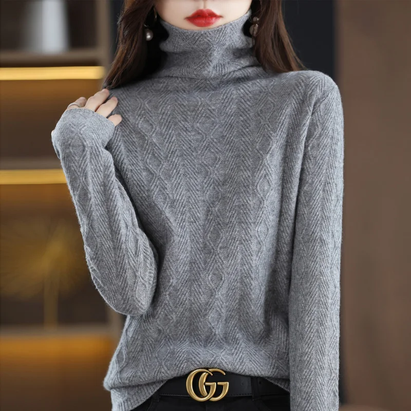 Autumn and Winter New Women's High Neck Pullover Thickened Pure Wool Sweater Twisted Loose Versatile Knit Undercoat