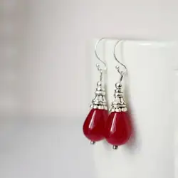 Red jade teardrop earrings, Gemstone sterling silver dangle and drop earrings, Red stone boho hanging earrings, Unique