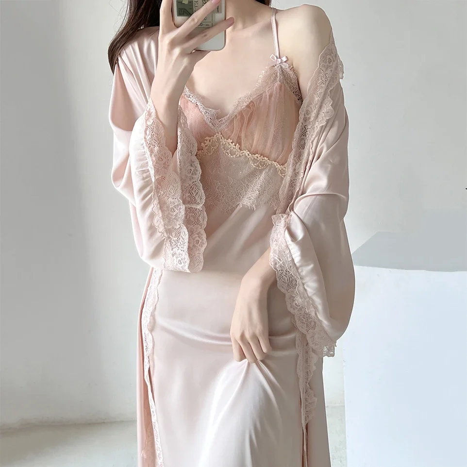 

Sexy Female Long Kimono Bathrobe Nightgown Pink Patchwork Lace Wedding Nighty&Robe Set Summer Sleepwear Casual Satin Home Wear