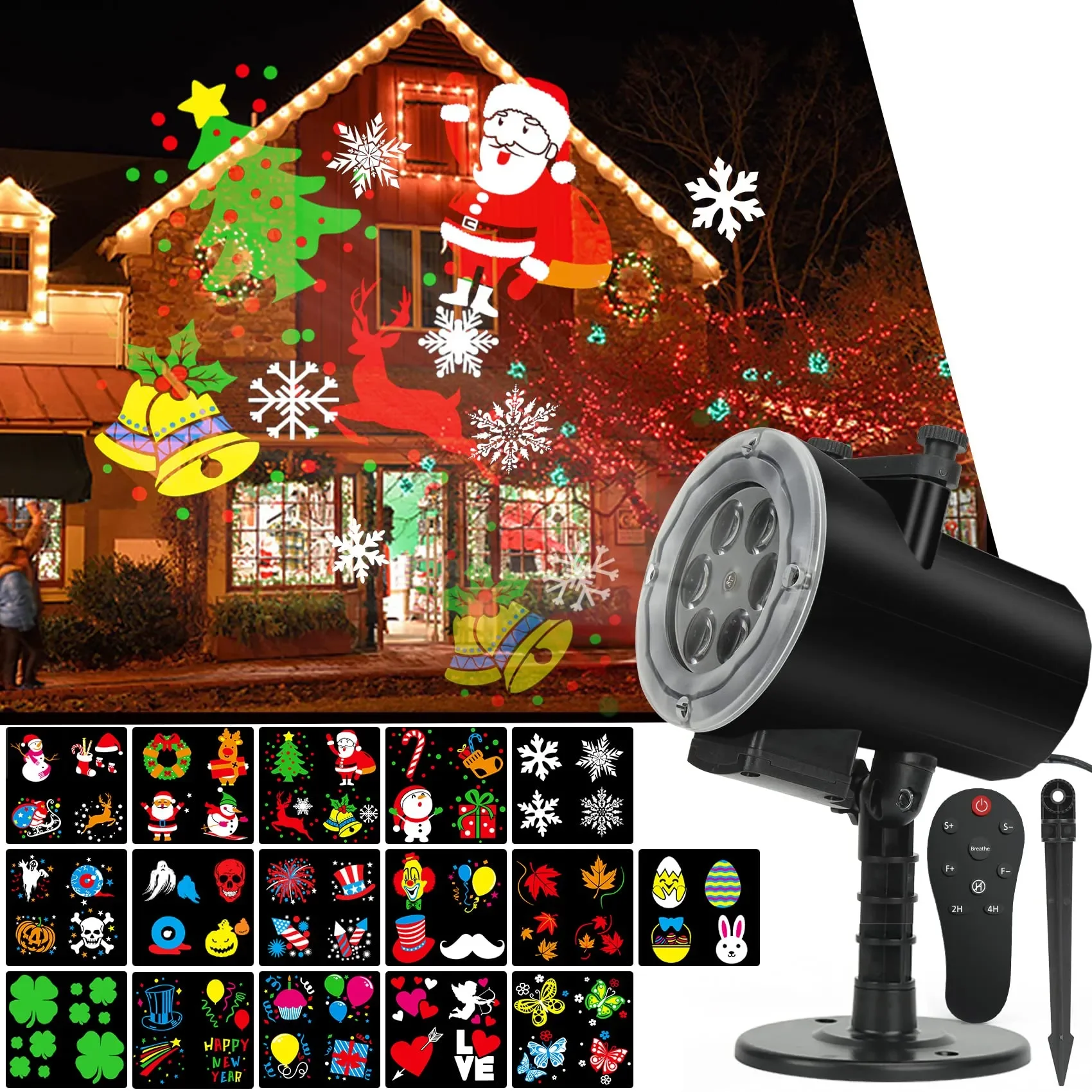 Christmas Holiday Lights Projector Waterproof IP65 Indoor Outdoor LED Projector 16 Slides Holiday Light Garden House Party Decor