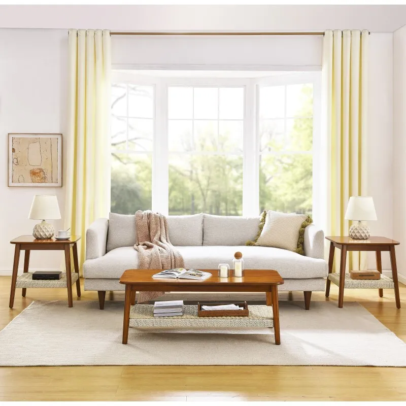 Mid-century Coffee Table With Woven Shelf Boho Rattan Coffee Table With Storage Low Rectangle Tea Table For Living Room Couch