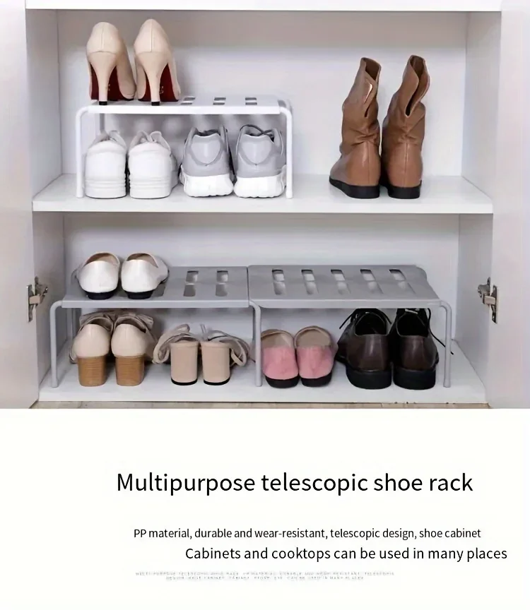 Verstellbares Schuhregal aus Kunststoff, mehrstufiger Aufbewahrungsorganisator, platzsparend, für Turnschuhe, Hausschuhe, Zuhause, Wohnheim, Schrank, Weiß, Grau, modern – Detail 2