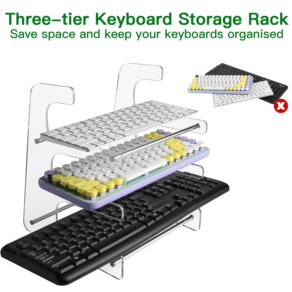 3-Tier Acrylic Keyboard Storage Rack Keyboard Display Stand Gaming Keyboard Plate Holder Stand Keyboard Desktop Organizer