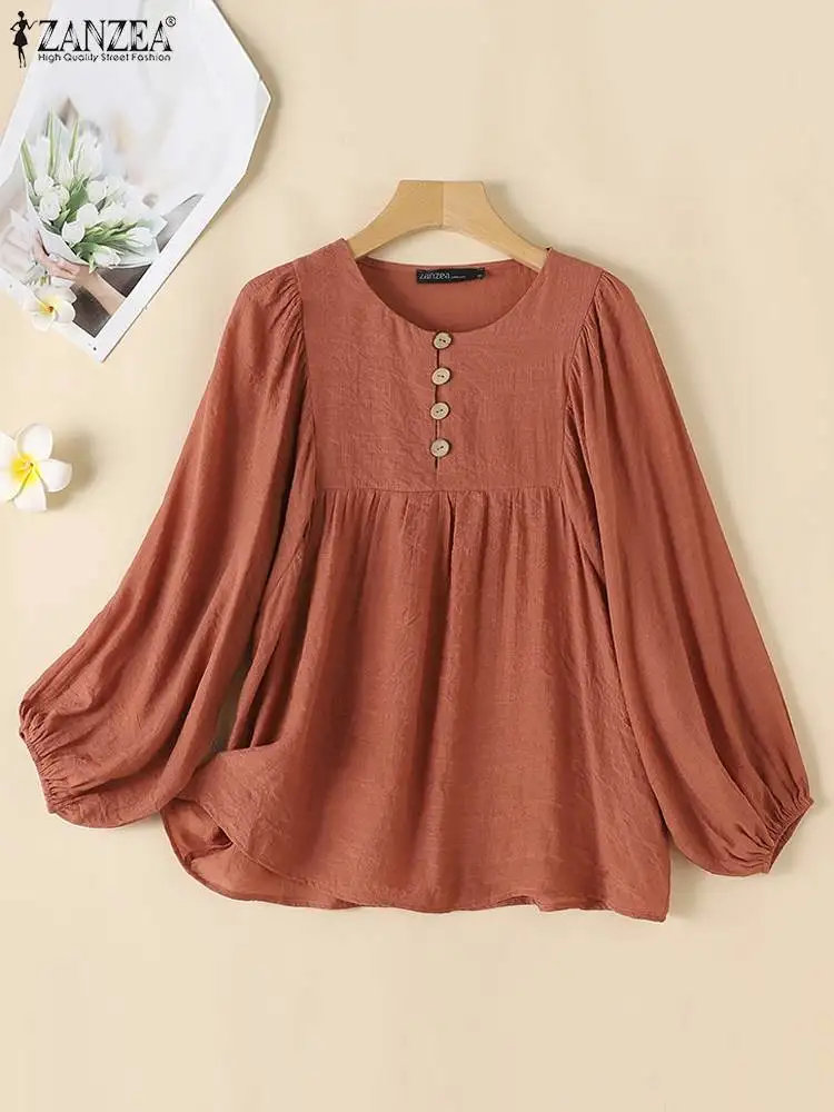 2024 ZANZEA Women Summer Blouse Long Puff Sleeve Solid Color Shirts Autumn O Neck Tunic Tops Casual Loose Pleated Chic Oversized