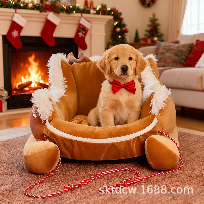 Christmas Sleigh Pet Bed Winter Warm Washable Dog Cat House Thick Plush Kennel Holiday Gift Soft Nest for Small Dogs Cats