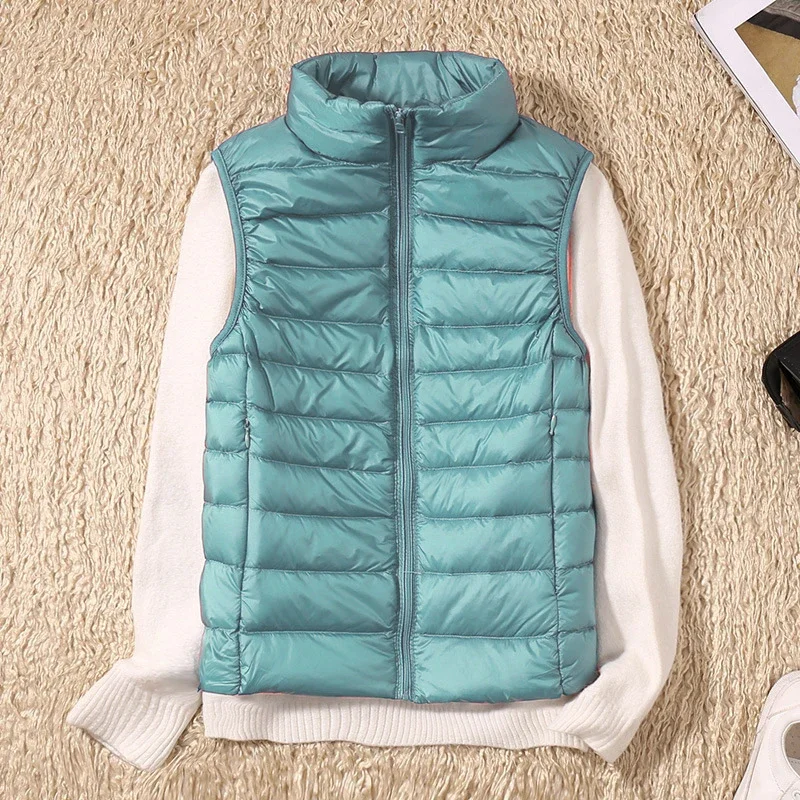

Pop Fashion Autumn Stand Collar Duck Down Vest Women Elegant Solid Simple Zipper Coats Casual Warm Vests Ladies White Duck Down