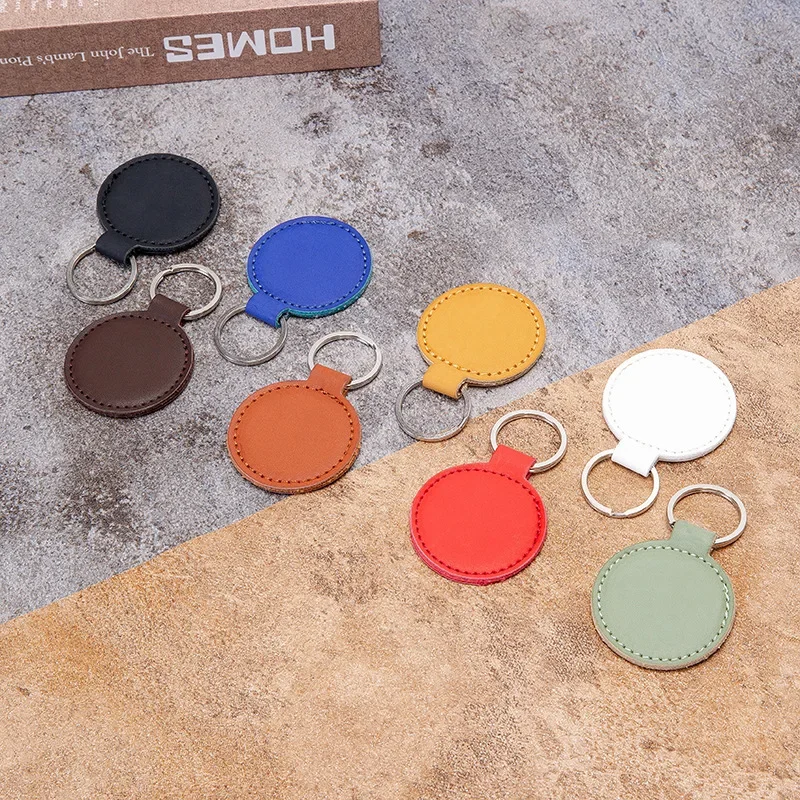 Customized LOGO PU Leather Round Keychain for Men and Women Car Key Chain Ring Laser Engrave Personalized Blank Keyring Gift