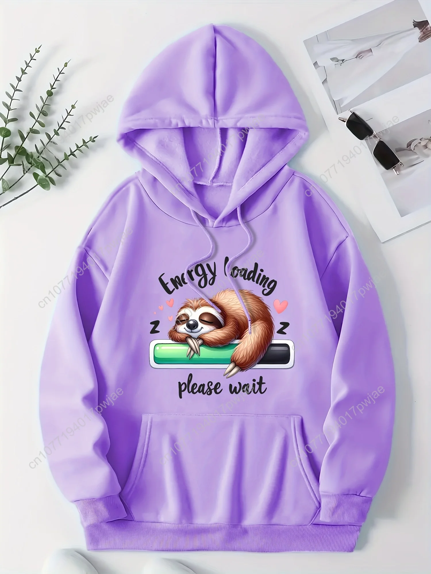 Женская милая толстовка с буквенным принтом ленивца — уютный пуловер с длинными рукавами и карманом-кенгуру, идеально подходит для осенне-зимней повседневной одежды