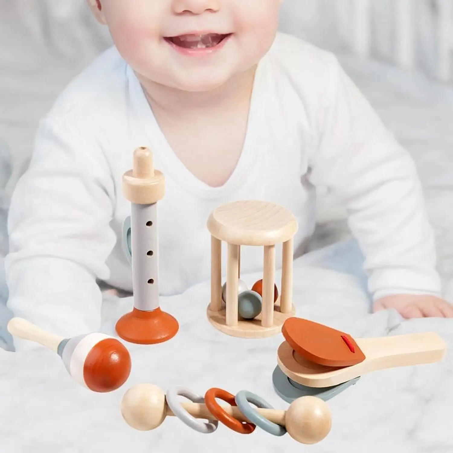 Set di strumenti musicali in legno per bambini da 5 pezzi - Giocattolo educativo: campana, martello di sabbia, tromba e campana della buonanotte, regalo di compleanno per bambini Xmax