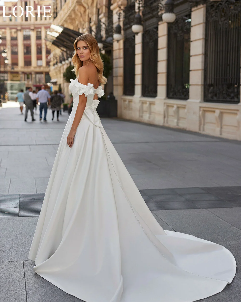 LORIE Elegant Sweetheart Satin Wedding Dresses Off Shoulder Bow Draped Ruffles A-Line 2024 Floral Sleeves Fabulous Bride Gowns