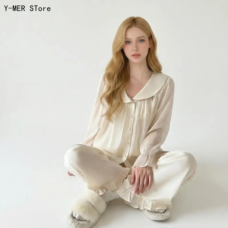 

2026 French Ice Silk 3Pcs Sleepwear with Italian Noodles and Long Sleeve Pants for Women's Outdoor Home Furnishings